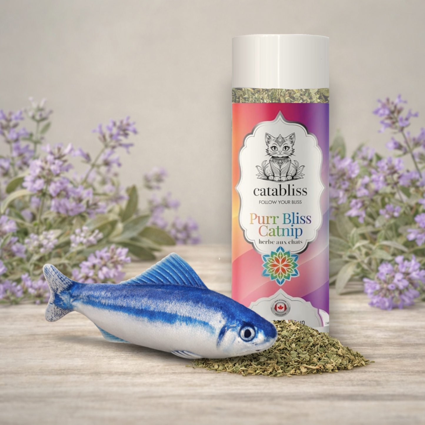  1oz of Catnip with blue fish catnip toy by Catabliss. Filled with 100% natural, pesticide-free herb from our Southern Alberta partner farm. Perfect for kittens and indoor cat exercise.