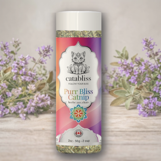 Premium 2oz  by Catabliss,  extra-strength Canadian catnip. A high-quality, botanical-themed gift for cat lovers, ensuring long-lasting purr bliss.